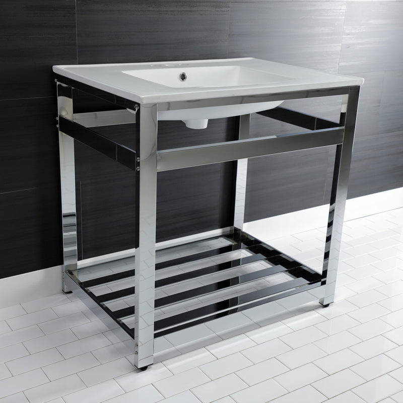 Quadras 31-Inch Ceramic Console Sink with Steel Base and Shelf (4-Inch, 3-Hole)