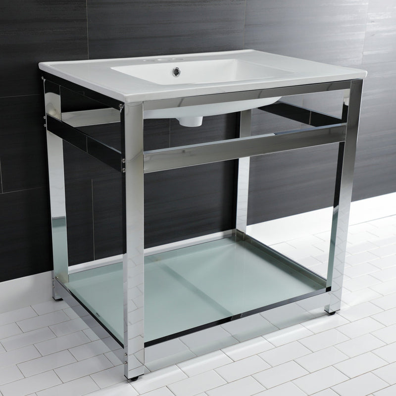 Quadras 31-Inch Ceramic Console Sink with Steel Base and Glass Shelf (4-Inch, 3-Hole)