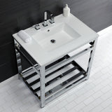 Quadras 31-Inch Ceramic Console Sink with Steel Base and Shelf (8-Inch, 3-Hole)