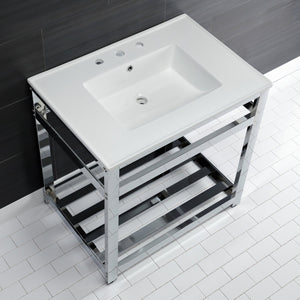Quadras 31-Inch Ceramic Console Sink with Steel Base and Shelf (8-Inch, 3-Hole)