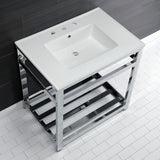 Quadras 31-Inch Ceramic Console Sink with Steel Base and Shelf (8-Inch, 3-Hole)