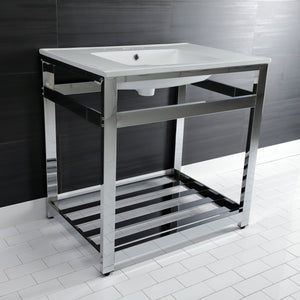 Quadras 31-Inch Ceramic Console Sink with Steel Base and Shelf (8-Inch, 3-Hole)