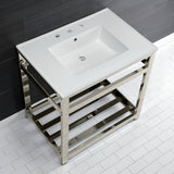 Quadras 31-Inch Ceramic Console Sink with Steel Base and Shelf (8-Inch, 3-Hole)