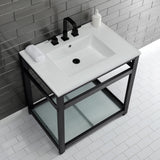 Quadras 31-Inch Ceramic Console Sink with Steel Base and Glass Shelf (8-Inch, 3-Hole)