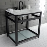Quadras 31-Inch Ceramic Console Sink with Steel Base and Glass Shelf (8-Inch, 3-Hole)