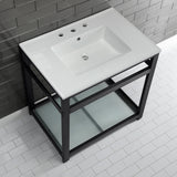 Quadras 31-Inch Ceramic Console Sink with Steel Base and Glass Shelf (8-Inch, 3-Hole)