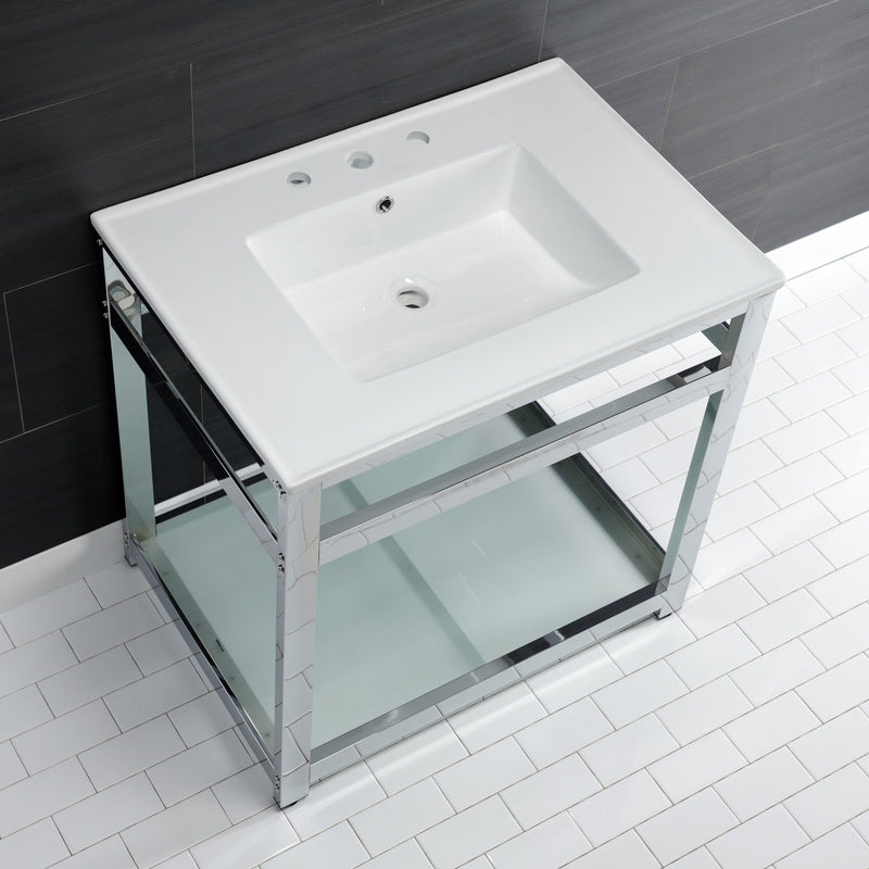 Quadras 31-Inch Ceramic Console Sink with Steel Base and Glass Shelf (8-Inch, 3-Hole)