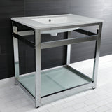 Quadras 31-Inch Ceramic Console Sink with Steel Base and Glass Shelf (8-Inch, 3-Hole)