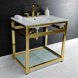 Quadras 31-Inch Ceramic Console Sink with Steel Base and Glass Shelf (8-Inch, 3-Hole)