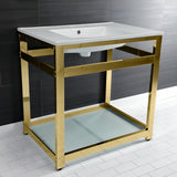Quadras 31-Inch Ceramic Console Sink with Steel Base and Glass Shelf (8-Inch, 3-Hole)