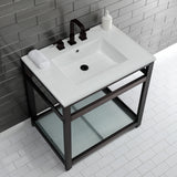 Quadras 31-Inch Ceramic Console Sink with Steel Base and Glass Shelf (8-Inch, 3-Hole)