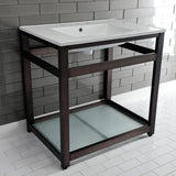 Quadras 31-Inch Ceramic Console Sink with Steel Base and Glass Shelf (8-Inch, 3-Hole)