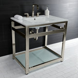 Quadras 31-Inch Ceramic Console Sink with Steel Base and Glass Shelf (8-Inch, 3-Hole)