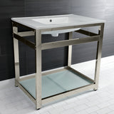 Quadras 31-Inch Ceramic Console Sink with Steel Base and Glass Shelf (8-Inch, 3-Hole)