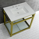 Quadras 31-Inch Ceramic Console Sink with Steel Base and Glass Shelf (8-Inch, 3-Hole)