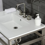Quadras 31-Inch Ceramic Console Sink with Steel Base and Glass Shelf (8-Inch, 3-Hole)