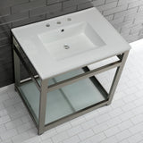 Quadras 31-Inch Ceramic Console Sink with Steel Base and Glass Shelf (8-Inch, 3-Hole)