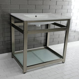 Quadras 31-Inch Ceramic Console Sink with Steel Base and Glass Shelf (8-Inch, 3-Hole)