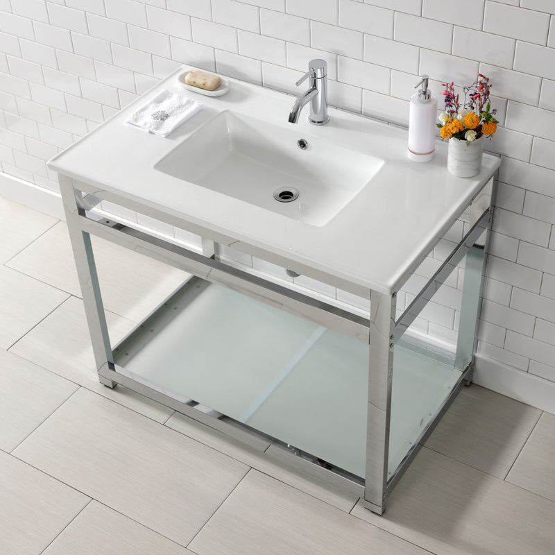 Quadras 37-Inch Ceramic Console Sink with Steel Base and Glass Shelf (1-Hole)