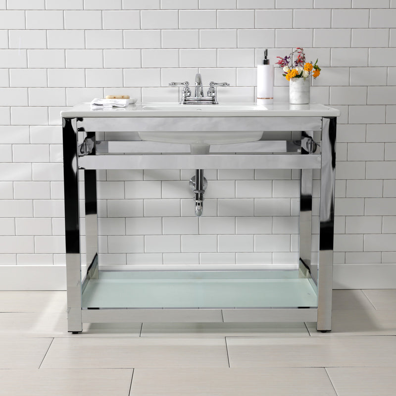 Quadras 37-Inch Ceramic Console Sink with Steel Base and Glass Shelf (4-Inch, 3-Hole)