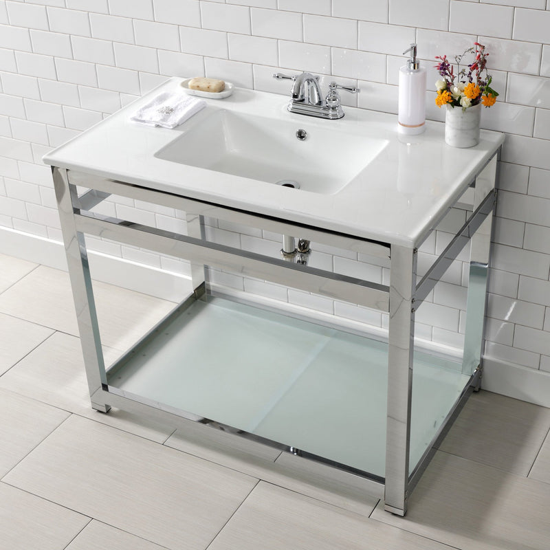Quadras 37-Inch Ceramic Console Sink with Steel Base and Glass Shelf (4-Inch, 3-Hole)