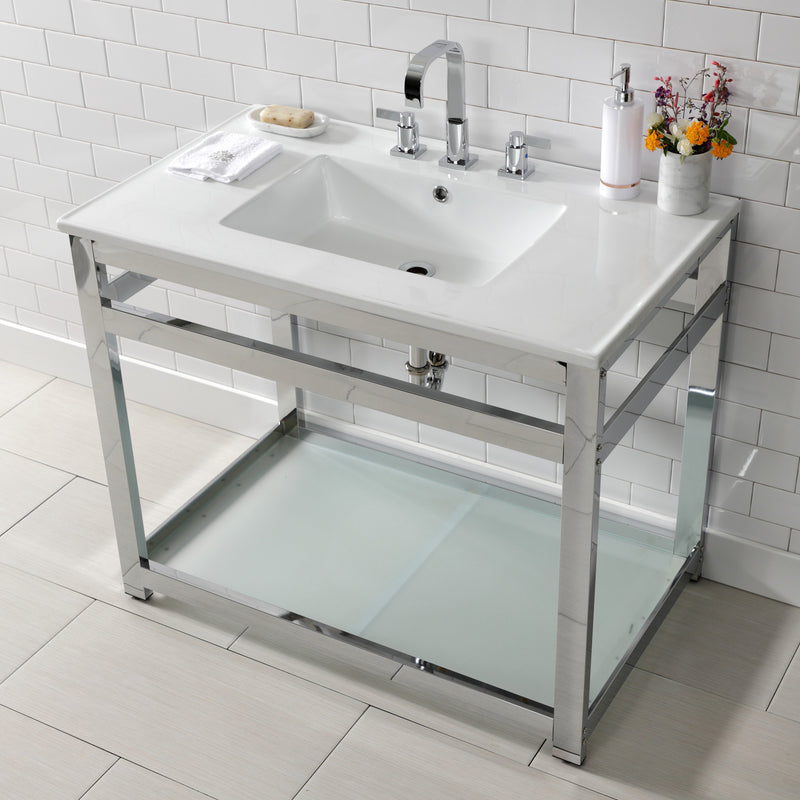 Quadras 37-Inch Ceramic Console Sink with Steel Base and Glass Shelf (8-Inch, 3-Hole)